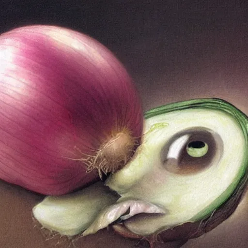 Image similar to sad onion with realistic human eyes crying blood in , dark surrealism