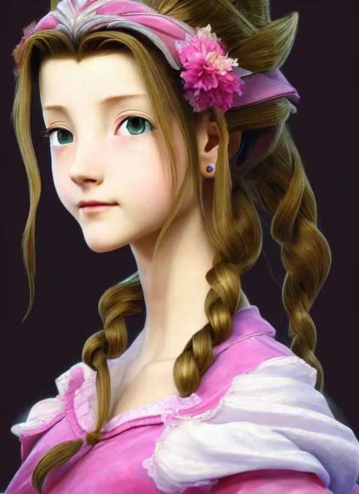 Prompt: elegant Aerith Gainsborough stares intently at the viewer in bemusement. ultra detailed painting at 16K resolution and epic visuals. epically surreally beautiful image. amazing effect, image looks crazily crisp as far as it's visual fidelity goes, absolutely outstanding. vivid clarity. ultra. iridescent. mind-breaking. mega-beautiful pencil shadowing. beautiful face. Ultra High Definition. amazingly crisp sharpness. high quality film still. processed twice. film grain. graphic novel poster.