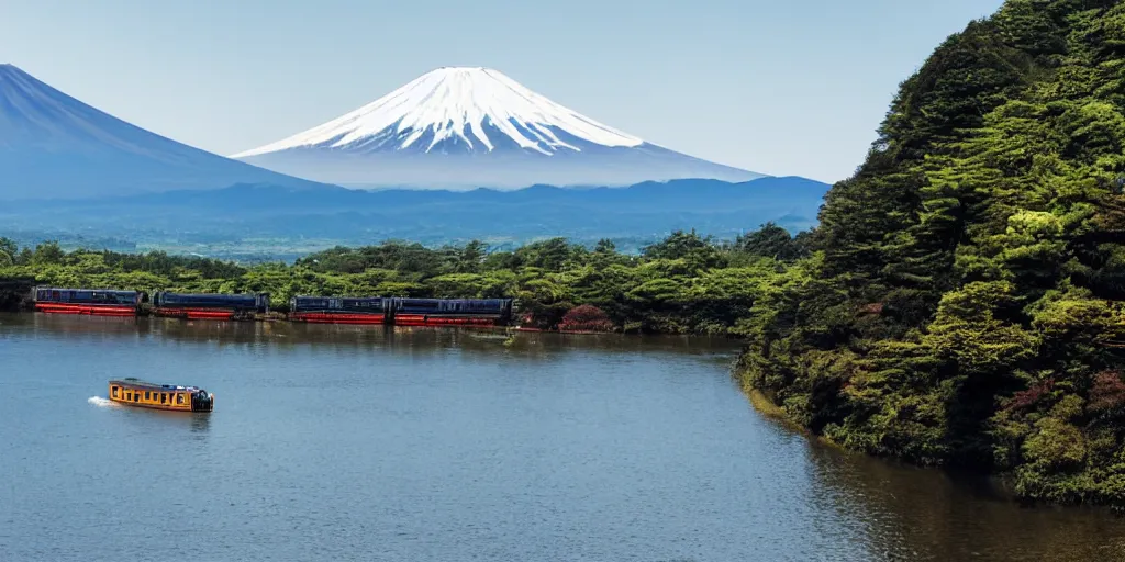 Prompt: five lakes under mt. fuji, a train weaving through the mountains and ravines, a speedboat racing across the lake in the distance