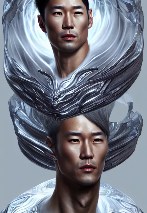 Image similar to epic professional digital airbrush art of male asian starship captain, by leesha hannigan, iris van herpen, joelle jones, artstation, cgsociety, wlop, epic, much wow, much detail, gorgeous, detailed, cinematic, masterpiece