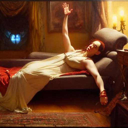 Image similar to vin diesel is in his bed, nervous and terrified, because kat dennings from hell is attacking him. highly detailed painting by gaston bussiere, j. c. leyendecker, greg rutkowski, craig mullins 8 k