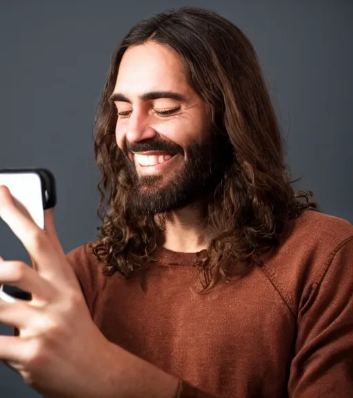 Image similar to Jesus taking a selfie. He is laughing. Professional photo