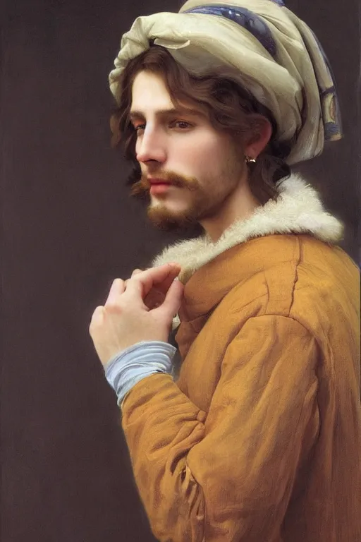 Image similar to close - up portrait of young man, reddish wavy hair, with a pearl earring, dressed in a rich furcoat!!!, beautiful, cinematic lighting, highly detailed, digital art, oil painting, highly detailed, sharp focus, matte painting, renaissance painting, by orest kiprensky, by alphonse mucha, by leyendecker, by rutkowsky,