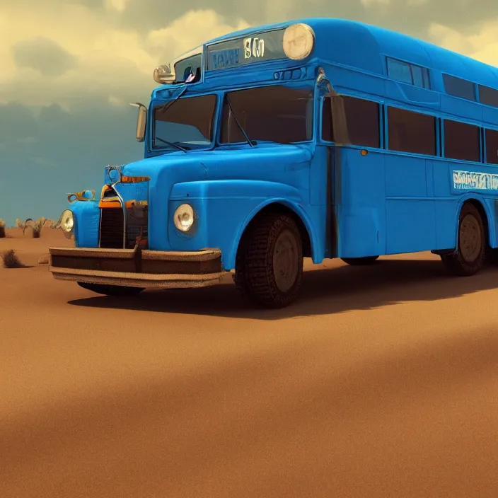 Prompt: Blue bus never stopping, always driving. intricate artwork. in desert, octane render, trending on artstation, very coherent symmetrical artwork. cinematic, hyper realism, high detail, octane render, 8k, iridescent accents