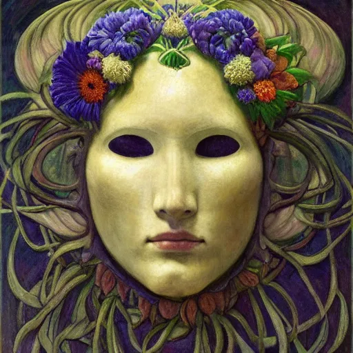 Prompt: masterpiece painting of a facemask made of flowers, by annie swynnerton and jean delville and tino rodriguez and diego rivera, stylized, flower mask, symbolist, dramatic lighting, god rays, elaborate geometric ornament, clean crisp graphics, soft cool colors, smooth sharp focus, extremely detailed