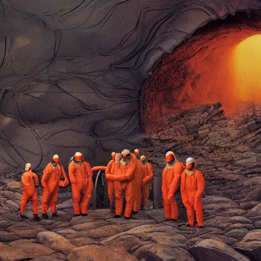 Image similar to wide - shot photo of a group of scientists in hazmat suits, studying a hell open rift portal, by shaun tan, codachrome, hellish, unsettling, otherworldly, smoke, machines, floating rocks, megalophobia, 8 k, hd, highly detailed,