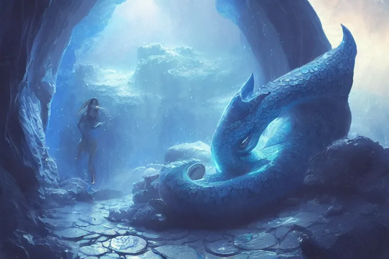 Image similar to blue - skinned naga encased in ice, underwater crystal caverns, concept art, beautiful blue lights, glowing crystals, d & d, fantasy, highly detailed, masterpiece, volumetric lighting, digital painting, artstation, smooth, sharp focus, illustration, art by artgerm, by greg rutkowski