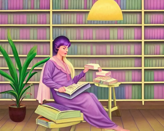 Prompt: a pastel painting of a woman wizard lounging on a purpur pillow on the marbled checkered floor in front of her bookcase in a library, reading an ancient book. to the side is a potted plant, moody light. ancient retrofuturistic setting. 4 k key art. raytracing, perspective, by casey weldon