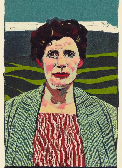 Prompt: an extreme close - up portrait of a factory woman dressed in various types of cloth patterns in a scenic representation of mother nature and the meaning of life by billy childish, thick visible brush strokes, shadowy landscape painting in the background by beal gifford, vintage postcard illustration, minimalist cover art by mitchell hooks