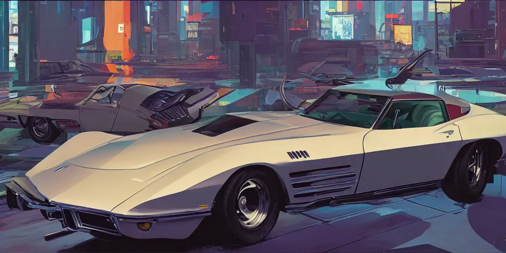 Prompt: art style by Ben Aronson and Edward Hopper and Syd Mead, wide shot view of the Cyberpunk 2077, on ground level. full view of the Corvette 1969 with wide body kit modification.