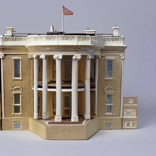 Image similar to white house made of brown cardboard, photographic box fort, hyperdetailed