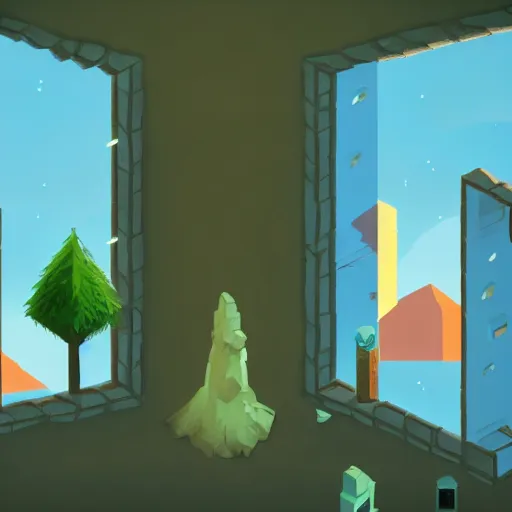 Prompt: a tree in front of a window with a light coming out of it, a screenshot from monument valley 2 by paul kelpe, pixiv contest winner, cubo - futurism, 2 d game art, isometric