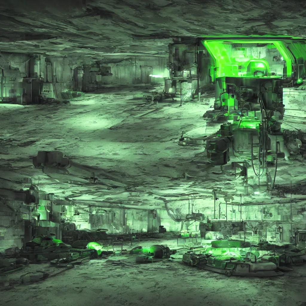 Image similar to secret under ground base with a green glowing uranium tank, octane render, xray melting colors