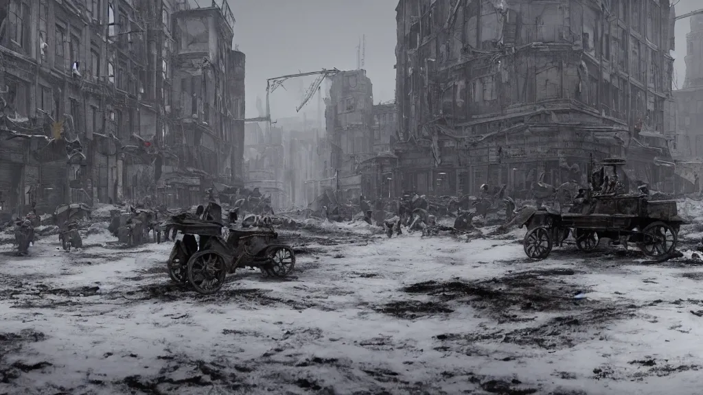 Image similar to It is a time of unrest in 1920's Europa. The ashes from the first great war still darken the snow. The capitalistic city-state known simply as 'The Factory', which fueled the war with heavily armored mechs, has closed its doors, drawing the attention of several nearby countries. octane render, 8k