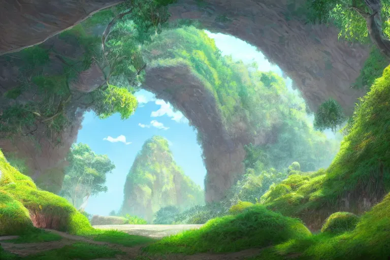 Image similar to natural arches covered with small trees growing out of it, sunny day, long shot, matte painting, digital art, in the style of studio ghibli, vivid colors, highly detailed, 8 k, establishing shot, smooth, trending on artstation, illustration, realistic