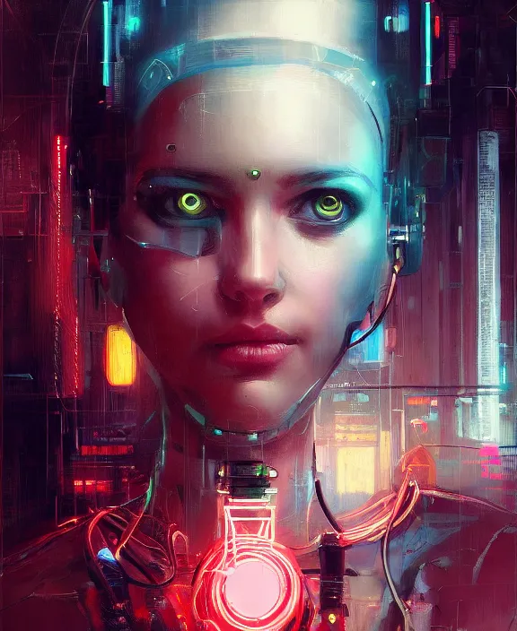 Image similar to portrait of cute female robot, wires, neon lights, striking eyes, cyberpunk, highly detailed painting by jeremy mann and cd projekt red