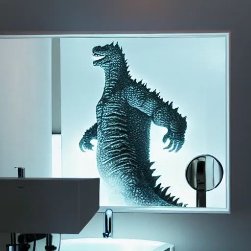 Prompt: godzilla brushing his teeth in the bathroom, electric toothbrush, crest toothpaste