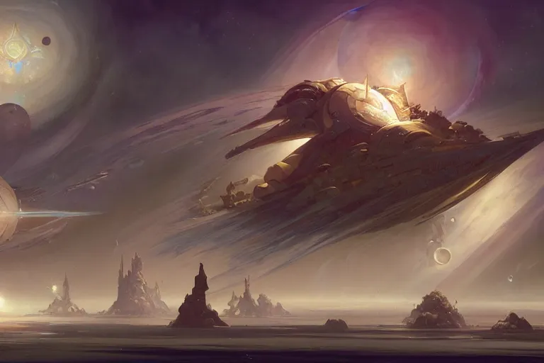 Image similar to hyperbolic sacred holy intergalactic starship concept design by peter mohrbacher and craig mullins and hiroshi yoshida and james jean and frank frazetta and michael whelan and andreas rocha