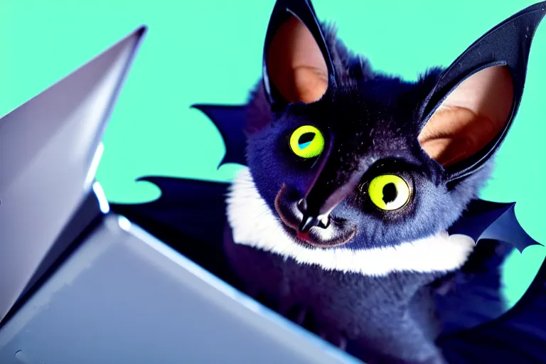 Image similar to a blue - and - black male catbat fursona with blue / green heterochromatic eyes ( differently - colored eyes ) and huge bat ears, photo of the catbat streaming on his computer