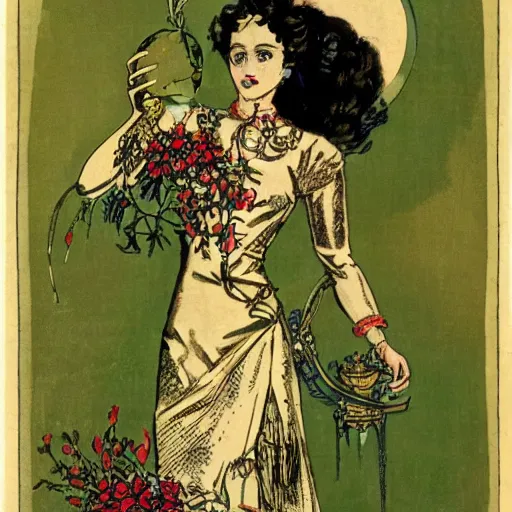 Image similar to a royal portrait of a cyborg woman. she holds a globe in one hand and flowers in the other. illustrated by burton rice. black orchids. 1 9 1 2.