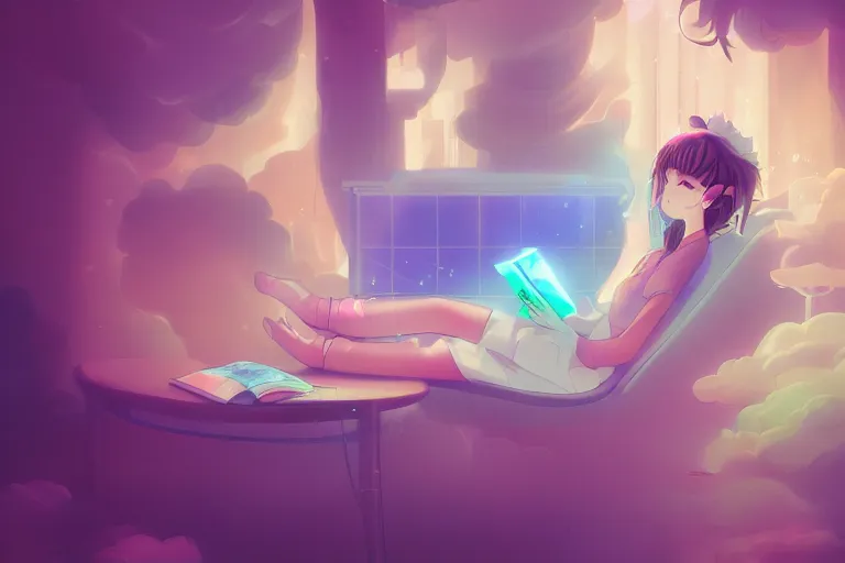 Image similar to a cute anime girl reading a book on a cloud relaxing by aoshima, chiho, misty, glows, digital art, hazy, foggy, ambient lighting, 8 k, neon, synthwave,