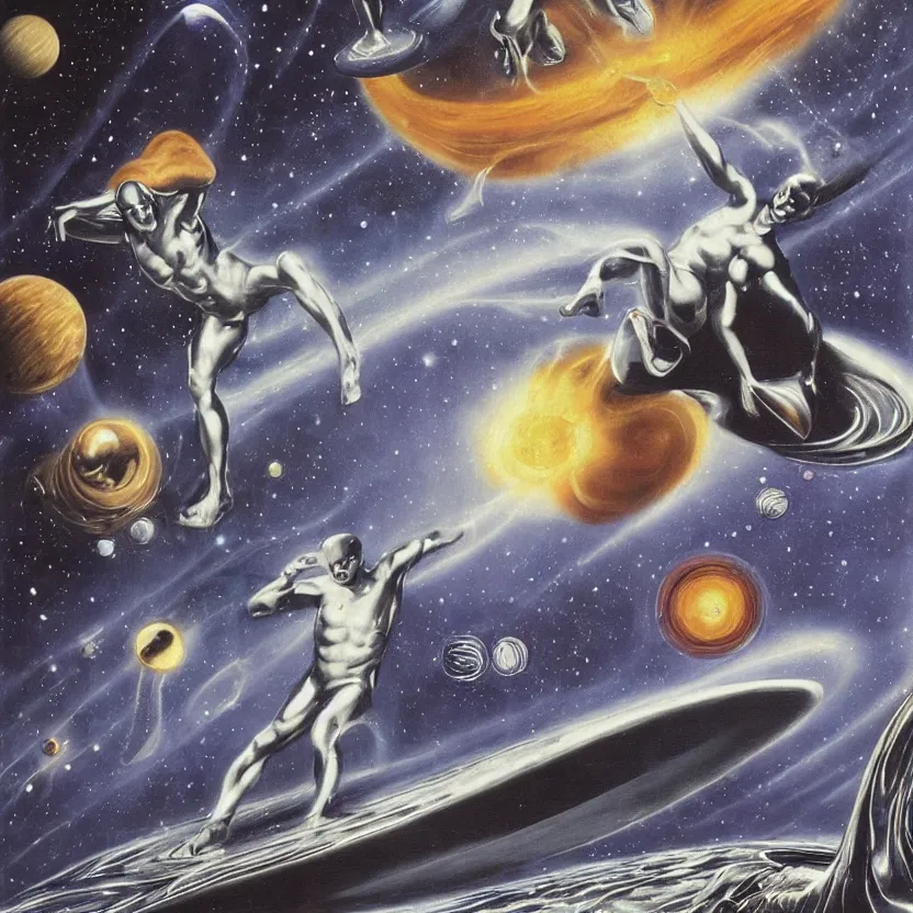 Image similar to silver surfer surfing by planets in space. action shot. pulp sci - fi art for omni magazine. high contrast. baroque period, oil on canvas. renaissance masterpiece.