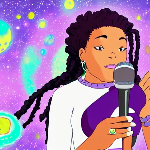 Image similar to black woman with purple dreads with a microphone in space in the style of ghibli