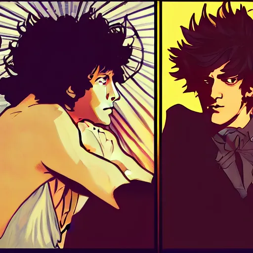 Prompt: concept art, silhouette of Spike Spiegel in front of Ganymede in the style of Alphonse Mucha and Hiroya Oku, 4k, artstation,