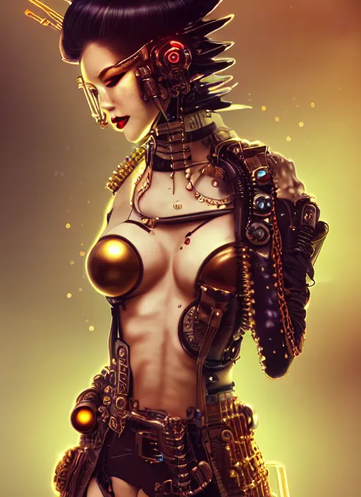 Image similar to soft lustrous ebony geisha seductive raver gutter punk steampunk cyborg, golden ratio, details, scifi, fantasy, cyberpunk city, intricate, decadent, highly detailed, octane render, digital painting, artstation, concept art, sharp focus, illustration, art by artgerm, loish, wlop