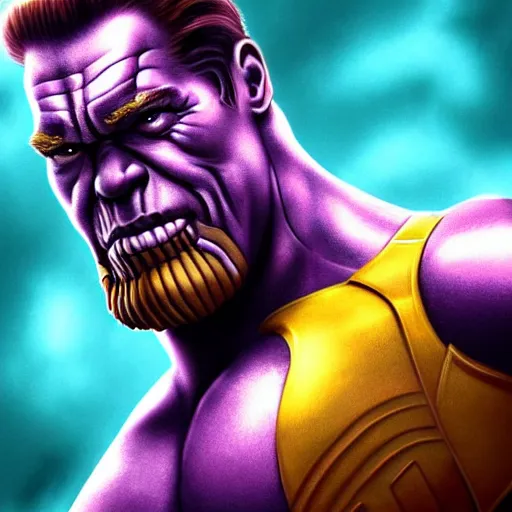 Image similar to arnold schwarzenegger as thanos, highly detailed, amazing digital art, cinematic, trending on artstation, 4K HD