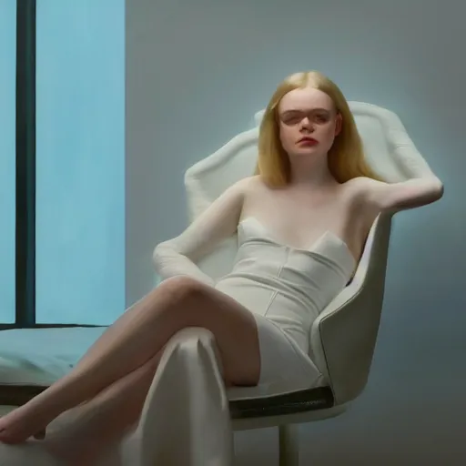 Image similar to Elle Fanning sitting on a white leather chair in the world of Adam Adamowicz, head and shoulders portrait, stormy weather, extremely detailed masterpiece, oil on canvas, low-key neon lighting, artstation, Blade Runner 2049, Roger Deakin’s cinematography, by J. C. Leyendecker and Peter Paul Rubens and Edward Hopper and Michael Sowa,