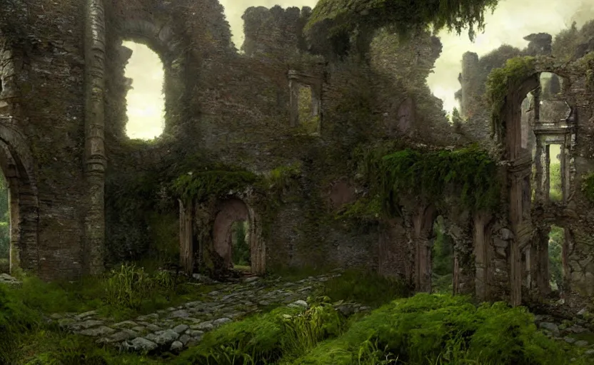 Image similar to ruins of an old castle covered by plant and moss by greg ruthkowski and craig mullins and caspar david friedrich