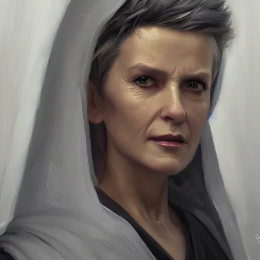 Image similar to An oil painting of a stunningly beautiful female dressed in priest robes, 50 years old, short grey hair, trimmed beard, sharp facial features, beautiful, highly detailed, by Cédric Peyravernay, by greg rudkowski, trending on artstation