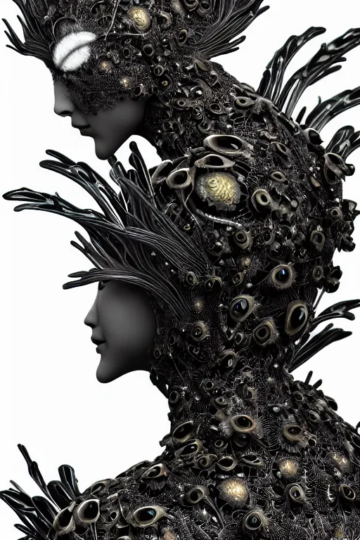 Prompt: close - up profile face, black background, beautiful young porcelain intricate bio - mechanical vegetal - dragon - cyborg - female, white metallic armour, white peacock feathers, roots, 1 9 3 0, mandelbot fractal, 1 5 0 mm, soft rim light, elegant, hyper real, ultra detailed, octane render, hg giger, 1 6 k