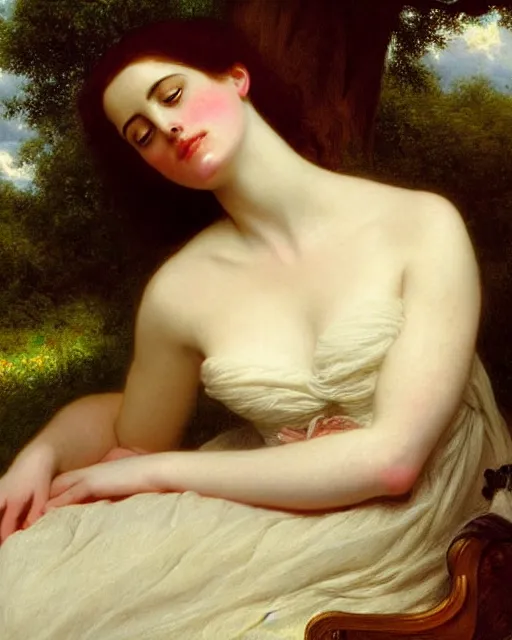 Prompt: portrait en buste of eva green vesper lynd vannessa ives in repose by Hughes Merle, by Pierre Auguste Cot, stunning, beautiful, abundant detail