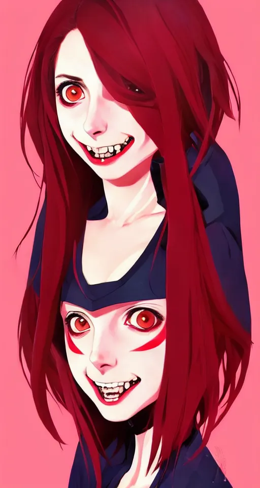 Image similar to beautiful anime vampire girl Alison Brie sharp teeth, red glowing hair, smiling, full body pose, symmetrical face symmetrical eyes, blurry background, Jamie McKelvie comic art, Alexandra Fomina artstation, face by Ilya Kushinov style, style by Loish, Norman Rockwell, painterly style, flat illustration