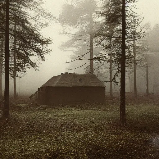 Prompt: film still of a military compound with 2 barracks during ww 2 in the forest, trenches dug around the perimeter, filmgrain, zeiss lens, redshift, octane, foggy diffused lighting