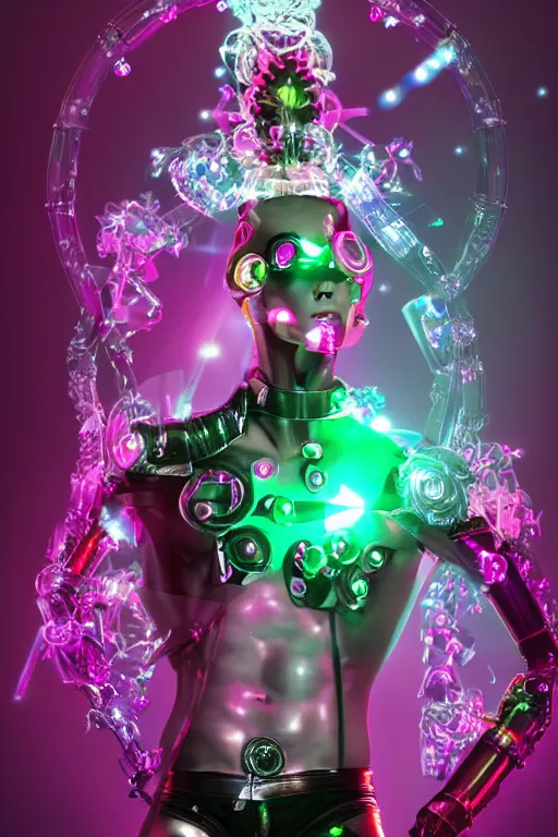 Prompt: full-body rococo and cyberpunk style crystal quartz sculpture of a young handsome seductive Puerto Rican android gogo boy reaching for the sky, glowing pink laser eyes, crown of white gears and diamonds, swirling green-colored silk fabric. futuristic elements. full-length view. intricate artwork by caravaggio. Trending on artstation, octane render, cinematic lighting from the right, hyper realism, octane render, 8k, depth of field, 3D
