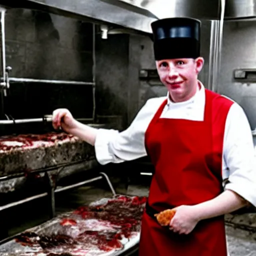 Image similar to ronald mc donald in a slaughterhouse wearing apron.