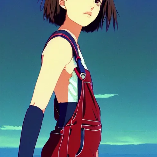 Image similar to a beautiful! boyish! natalie portman alluring gravure! model, wearing oversized mayan bomber jacket and leotard with overalls, bulky poofy bomber jacket with mayan patterns, aztec street fashion, trending on pixiv fanbox, painted by greg rutkowski makoto shinkai takashi takeuchi studio ghibli, akihiko yoshida