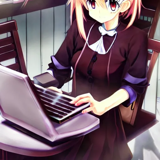 Image similar to marisa kirisame anime art, cafe, typing on laptop, touhou project