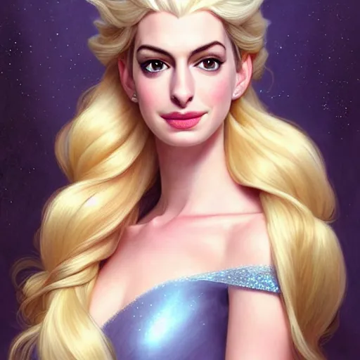 Image similar to Anne Hathaway with blonde hair as Elsa from Frozen, western, D&D, fantasy, intricate, elegant, highly detailed, digital painting, artstation, concept art, matte, sharp focus, illustration, art by Artgerm and Greg Rutkowski and Alphonse Mucha