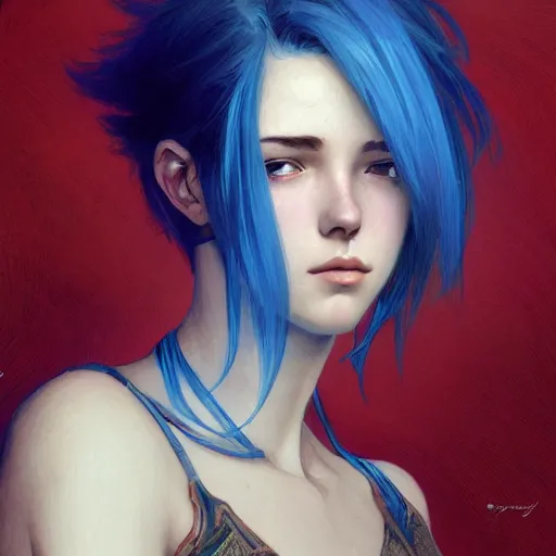 Prompt: teen, man, blue hair short hair, elegant, tired, intricate, artstation, digital painting, highly detailed, sharp focus, by artgerm and greg rutkowski and alphonse mucha