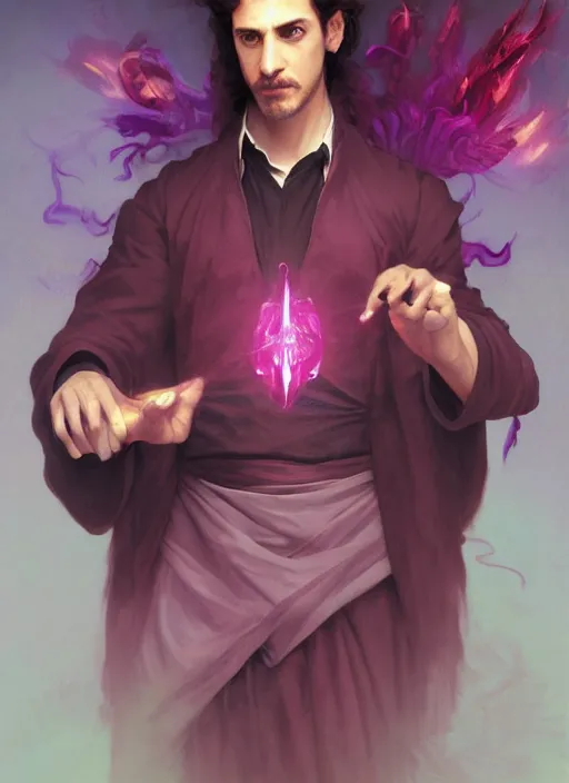 Prompt: character concept portrait of an attractive young bored Spanish wizard with magenta skin conjuring an fireball spell, a floating iridescent spell book in the center, intricate, elegant, digital painting, concept art, smooth, sharp focus, illustration, from Metal Gear, by Ruan Jia and Mandy Jurgens and William-Adolphe Bouguereau, Artgerm