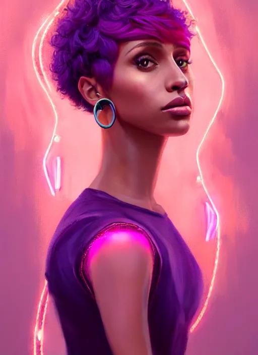 Image similar to portrait of vanessa morgan with bright pink hair, curly pixie cut hair, wearing a purple breton cap, breton cap, hoop earrings, intricate, elegant, glowing lights, highly detailed, digital painting, artstation, concept art, smooth, sharp focus, illustration, art by wlop, mars ravelo and greg rutkowski