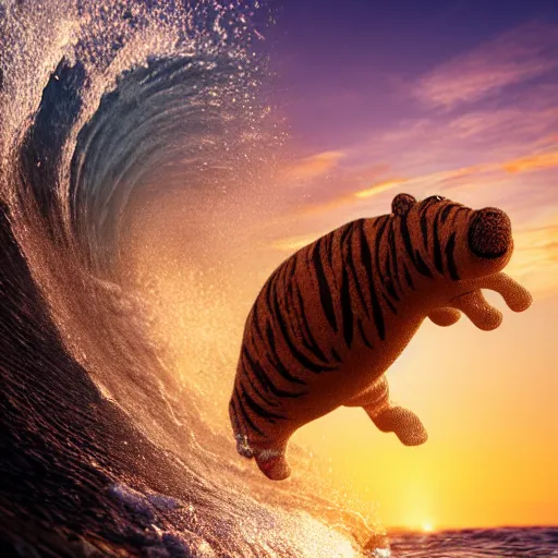 Prompt: a closeup photorealistic photograph of a knitted cute tiger hippopotamus riding an epic wave during sunset. extreme texture. surf in the background. professional capture. brightly lit scene. this 4 k hd image is trending on artstation, featured on behance, well - rendered, extra crisp, features intricate detail, epic composition and the style of unreal engine.