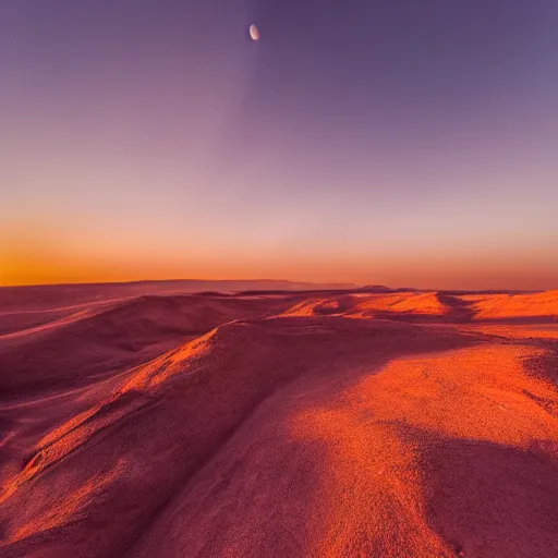 Prompt: old space station on epic cinematic still photography of sun glowing on the dessert during sunset