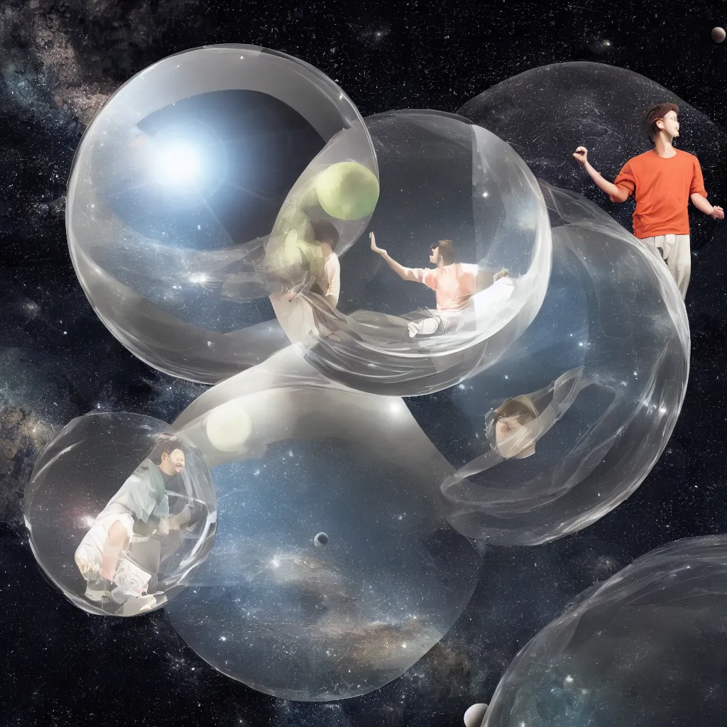 Image similar to a young man alone in an enormous transparent spherical capsule in the middle of outer space, digital art