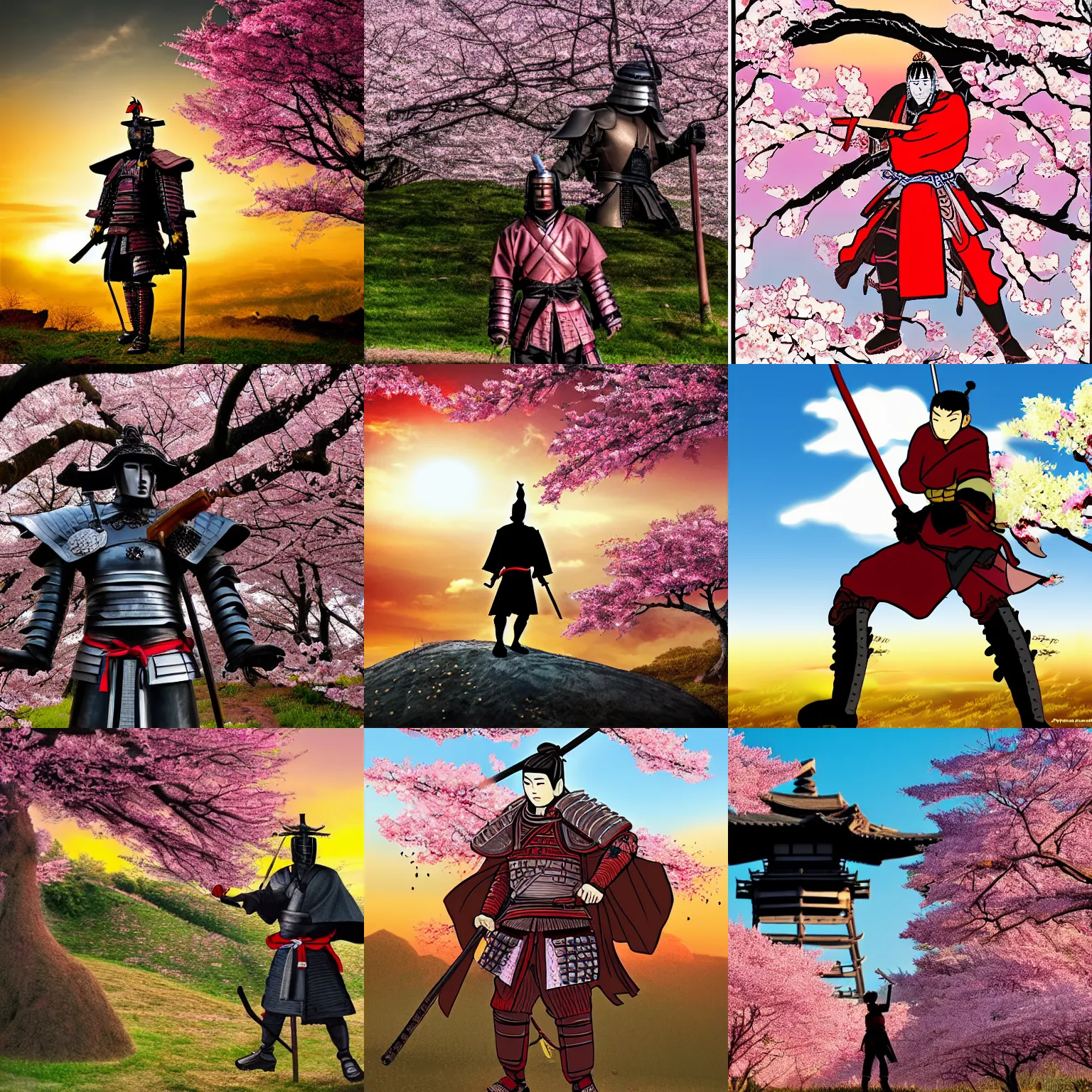 Prompt: samurai in armor standing on a hill at sunset, a cherry blossom tree is next to the samurai, in the style of berserk