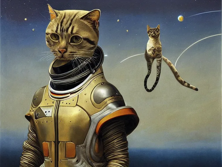 Image similar to an oil painting profile of a cat in a spacesuit, symetrical and detailed with science fiction theme by beksinski carl spitzweg and tuomas korpi. baroque elements, full-length view. baroque element. intricate artwork by caravaggio. Trending on artstation. 8k